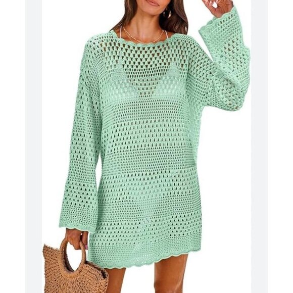 Anrabess Crochet Mint Green Cover Up Long Sleeve Mini Dress Women’s Medium - Picture 1 of 7